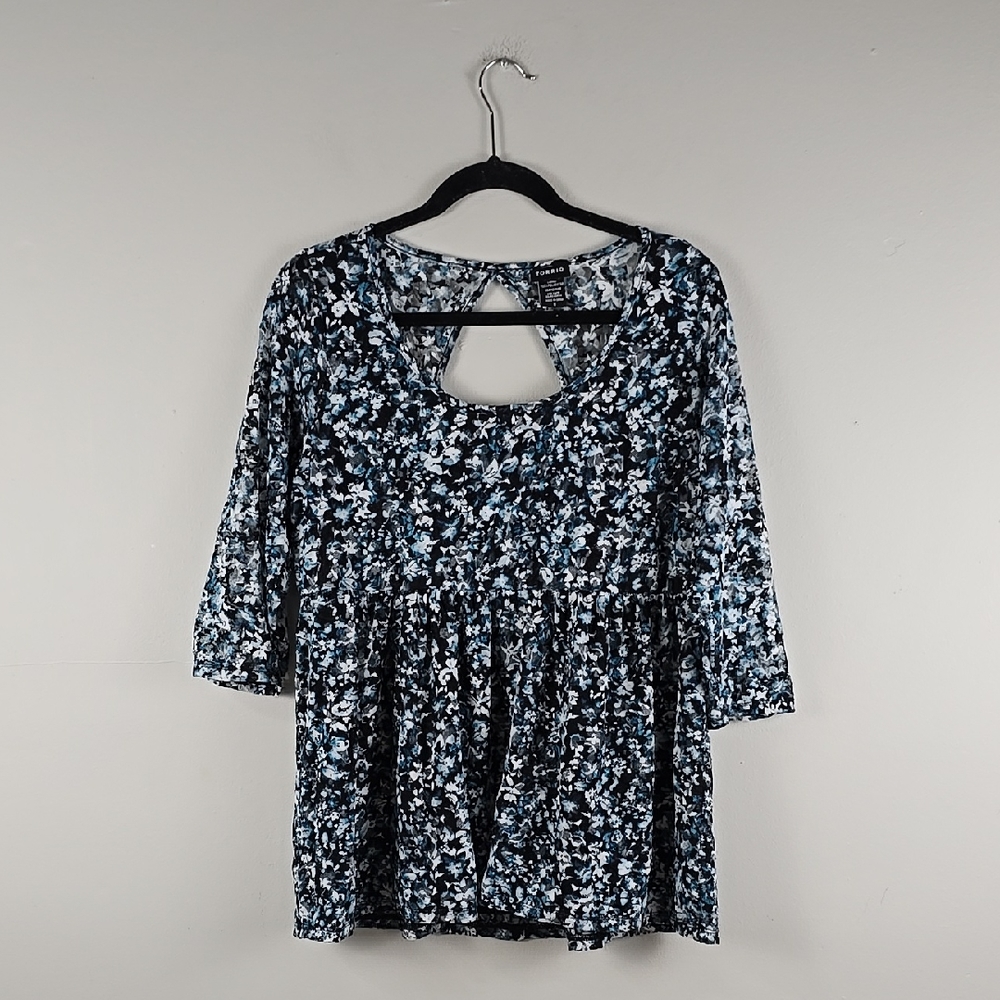 Torrid Plus Size 0 Lace Floral Print Women's Baby Doll Top - Blue and Black
